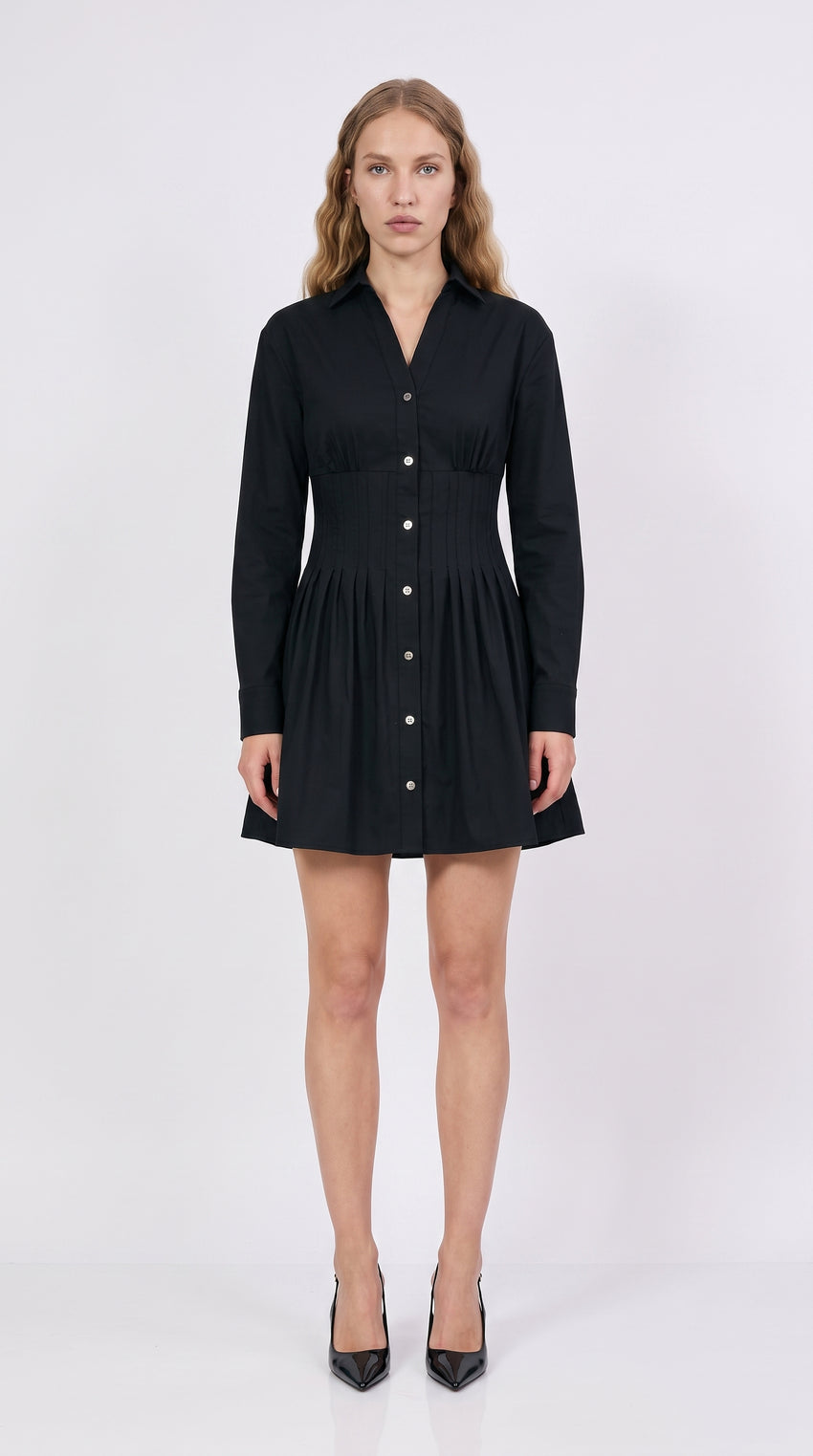 Fitted Mini Dress with Metal Buttons - BLACK