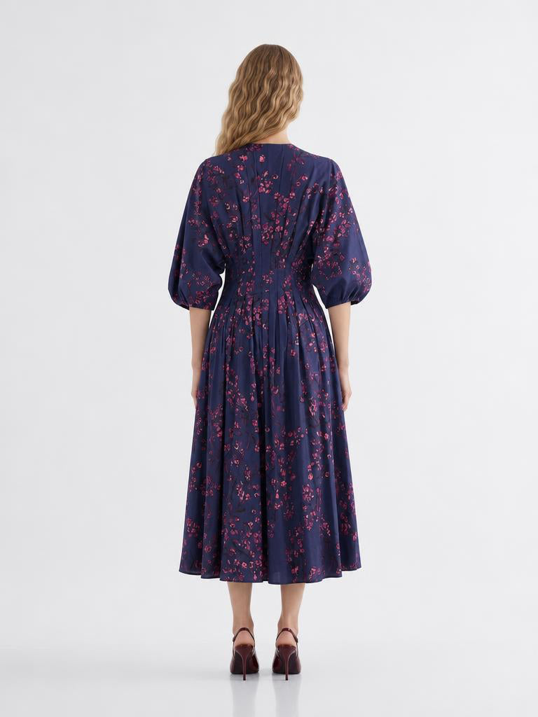 Raglan Sleeve V Neck Pleated Waist Midi Dress - MULTICOLOR