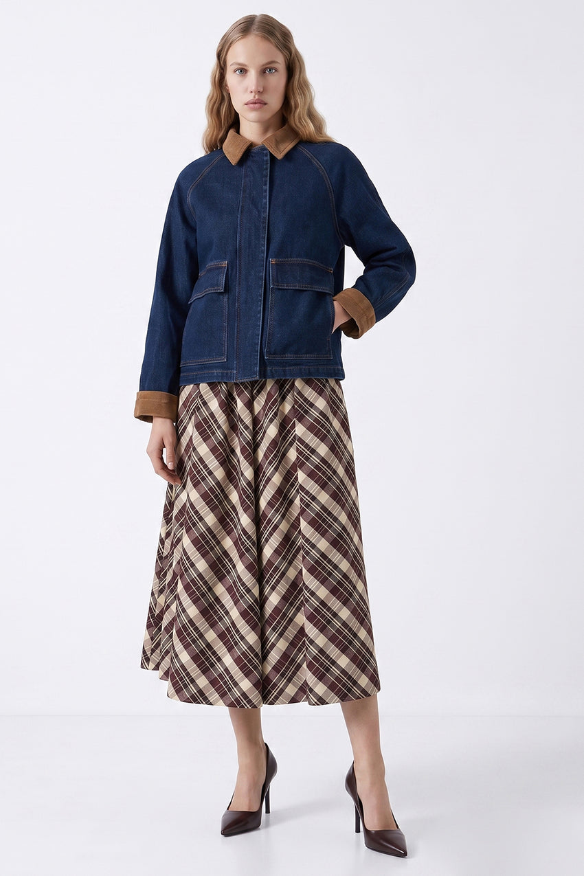 Lined Denim Jacket with Velvet Trim - INDIGO