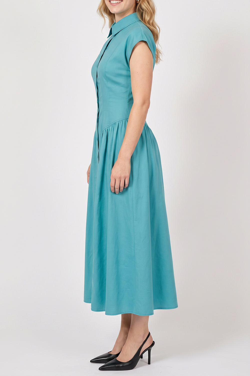 Dropped Sleeve Fitted Midi Dress - BLUE