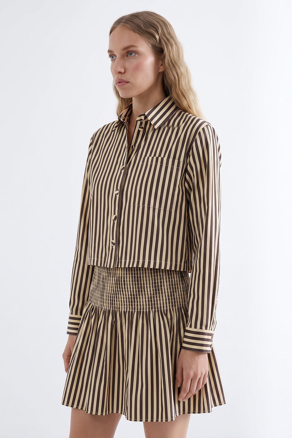 Collared Mini Dress with Shirred Waist - BROWN BEIGE