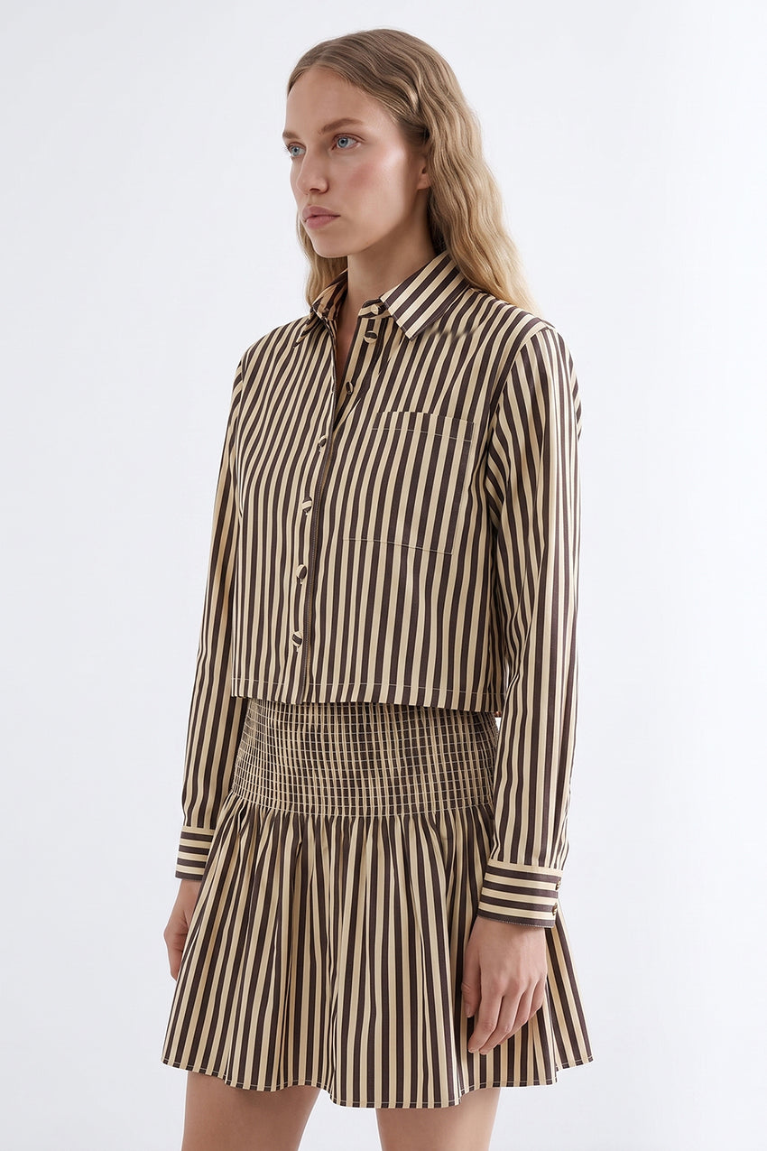 Collared Mini Dress with Shirred Waist - BROWN BEIGE