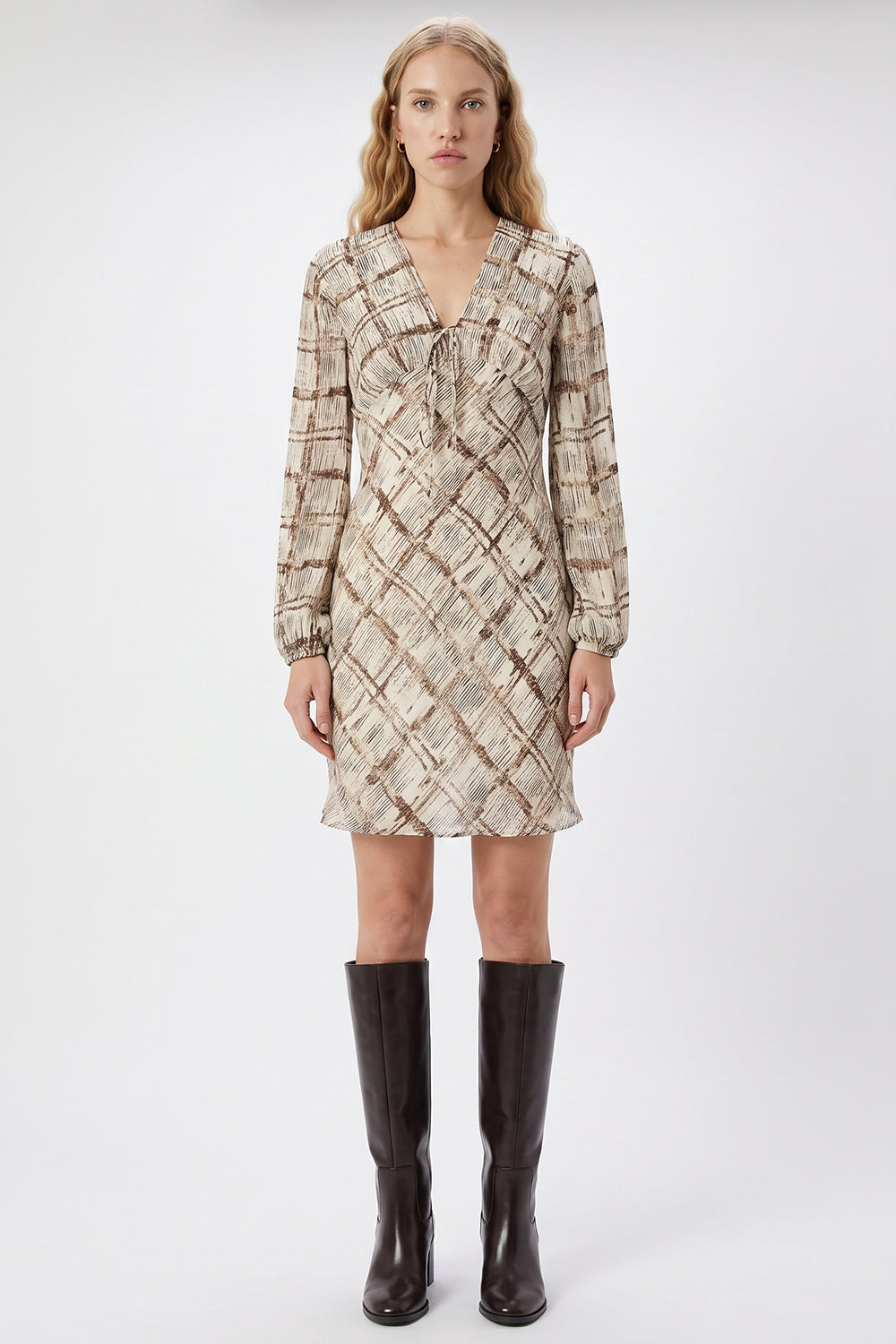 Elasticated Sleeve V Neck Lined Dress - MULTICOLOR