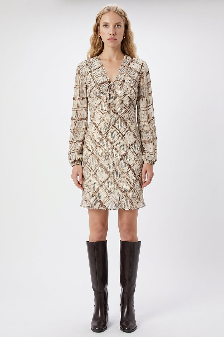 Elasticated Sleeve V Neck Lined Dress - MULTICOLOR