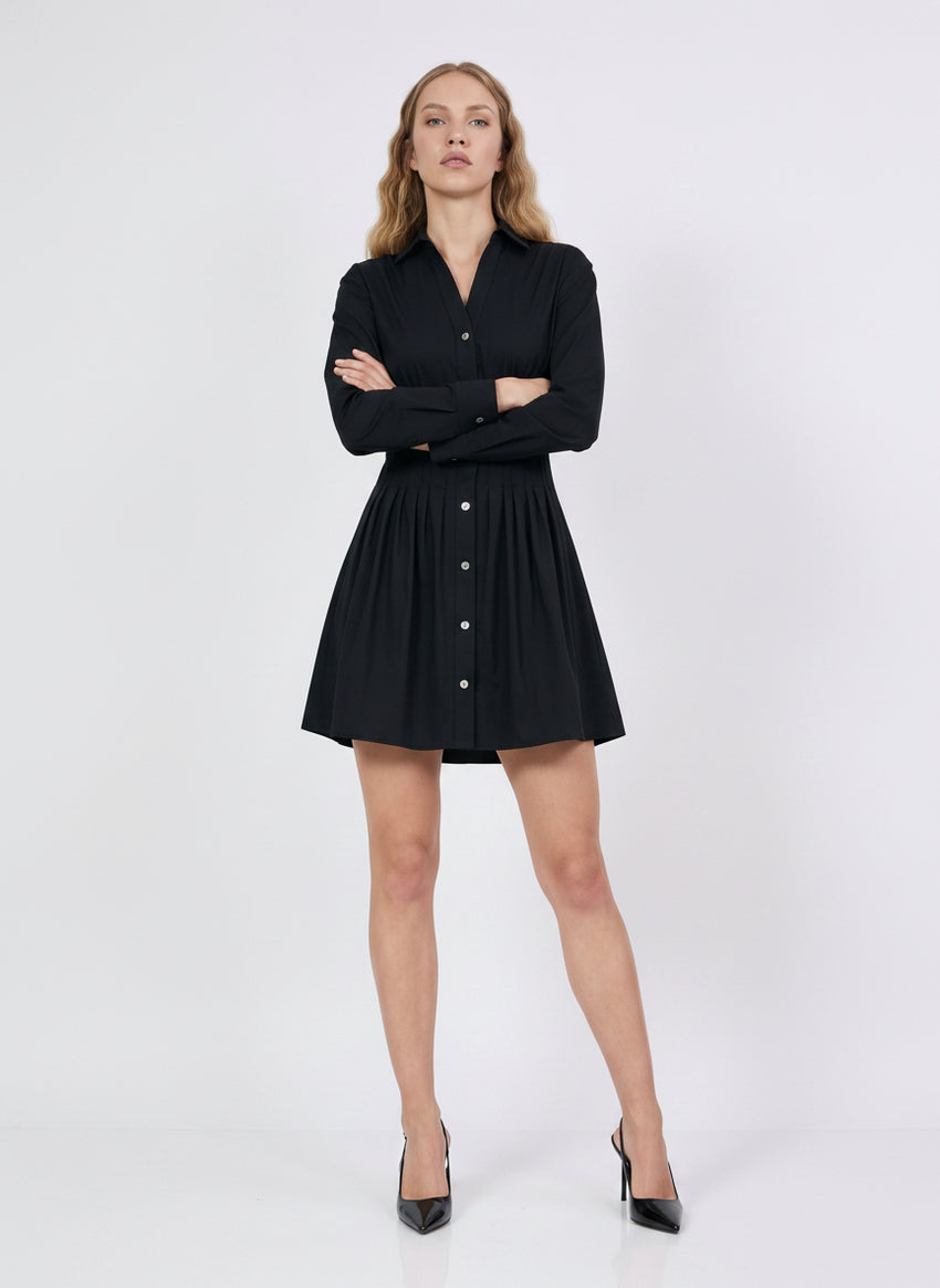 Fitted Mini Dress with Metal Buttons - BLACK