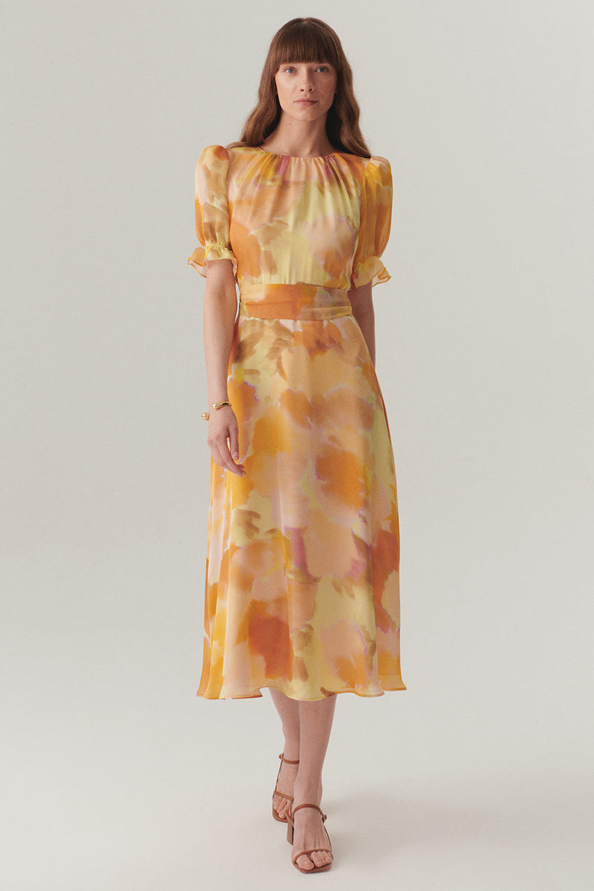 Abstract Print Midi Dress with Balloon Sleeves, Crew Neck, and Fitted Waist