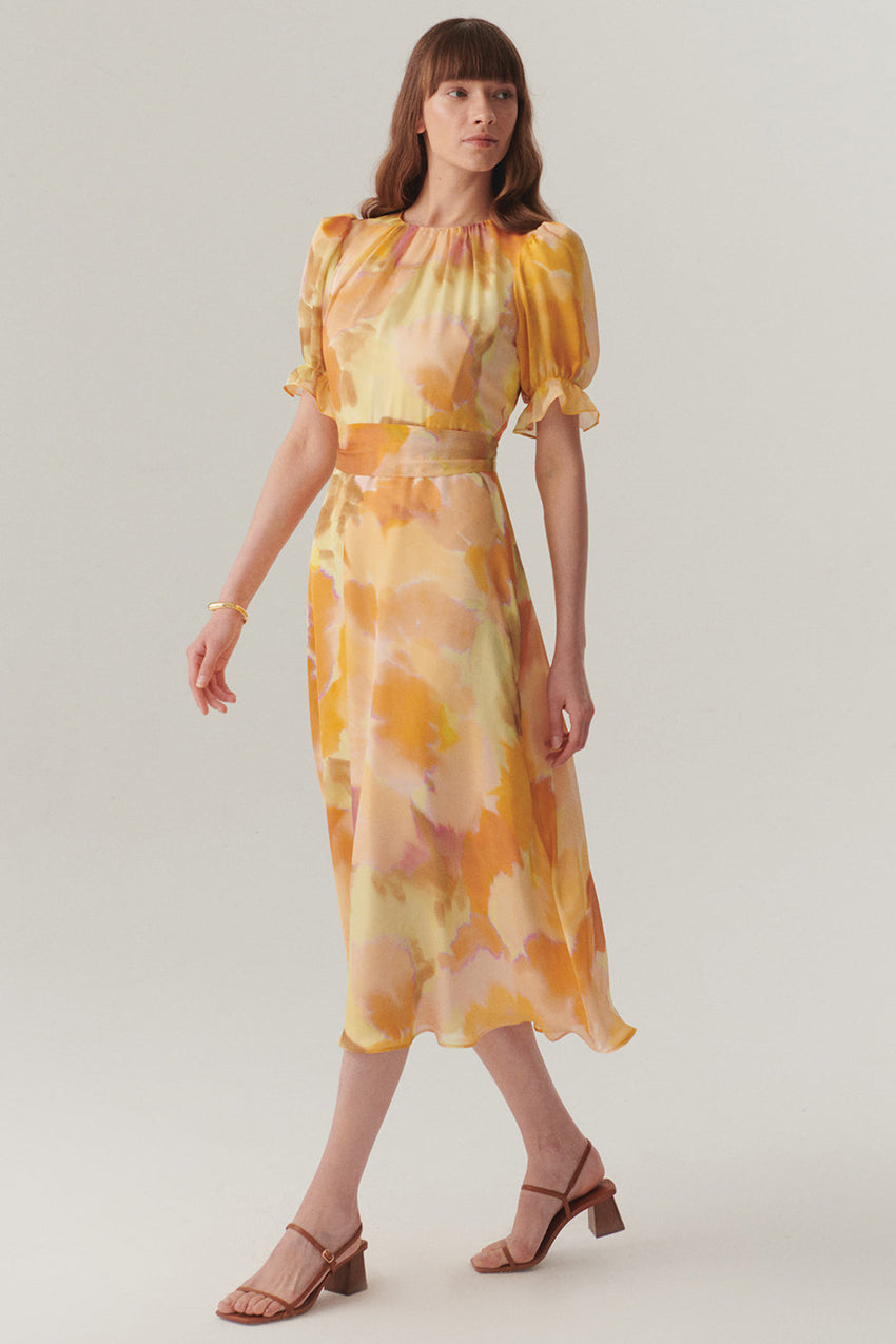 Abstract Print Midi Dress with Balloon Sleeves, Crew Neck, and Fitted Waist