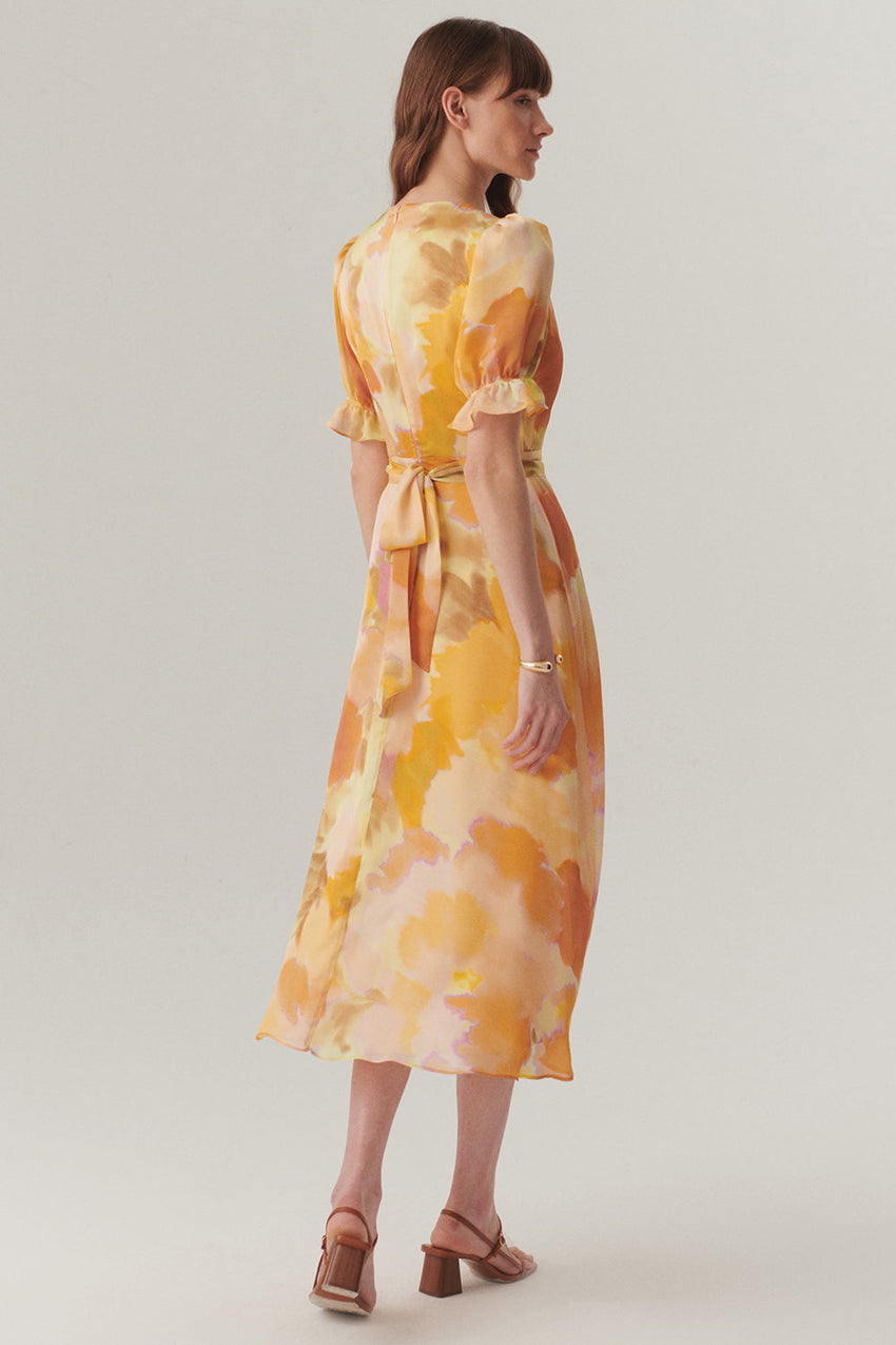 Abstract Print Midi Dress with Balloon Sleeves, Crew Neck, and Fitted Waist
