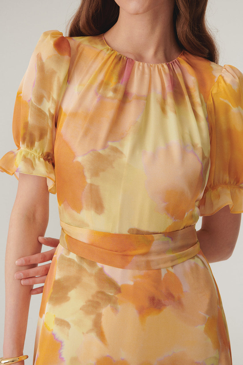 Abstract Print Midi Dress with Balloon Sleeves, Crew Neck, and Fitted Waist
