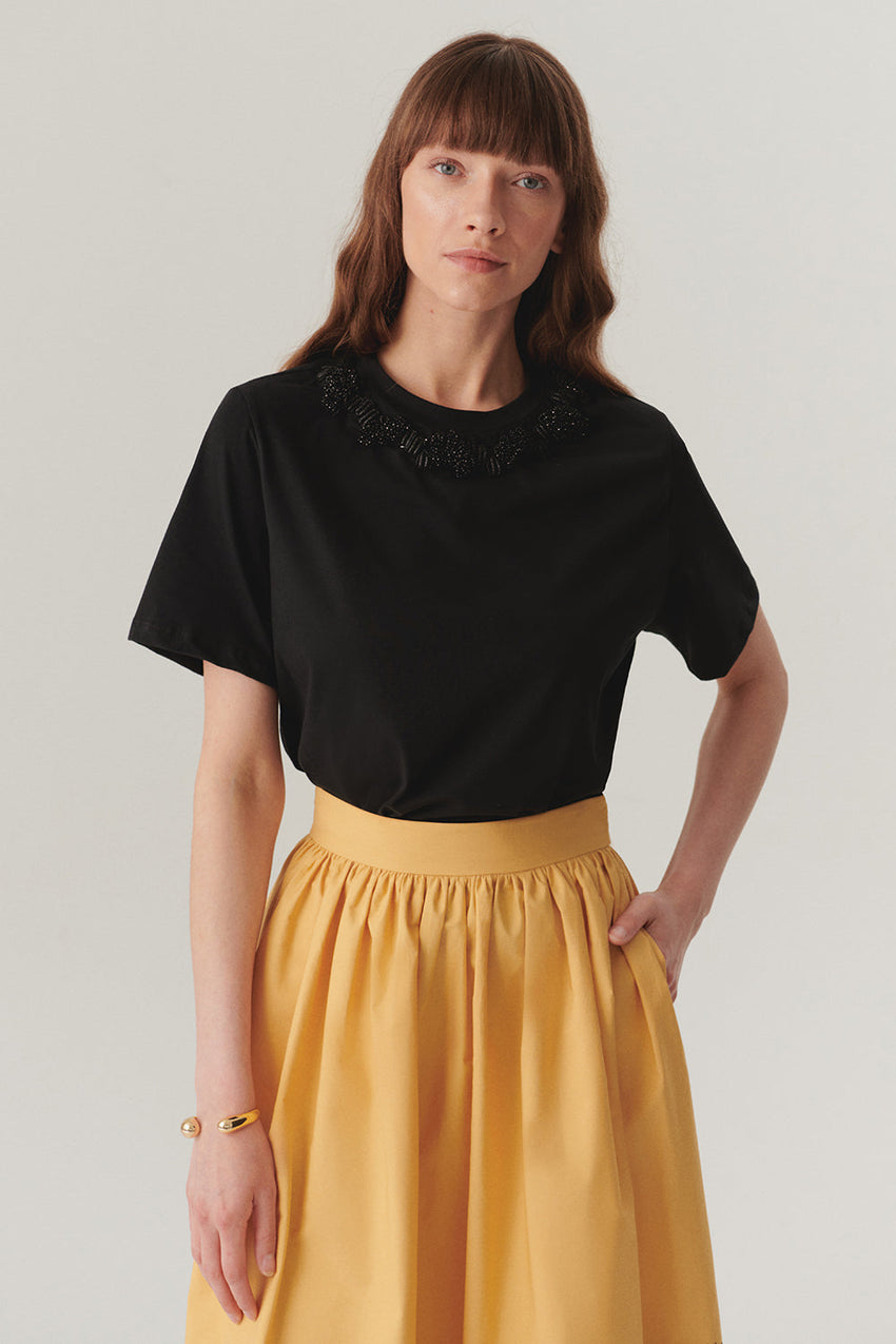Black Regular Fit Cotton Knit T-Shirt with Embroidered Details