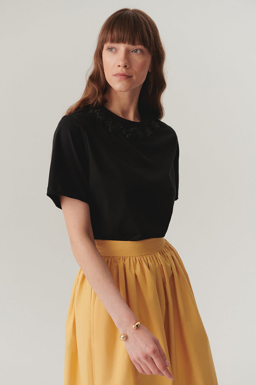 Black Regular Fit Cotton Knit T-Shirt with Embroidered Details