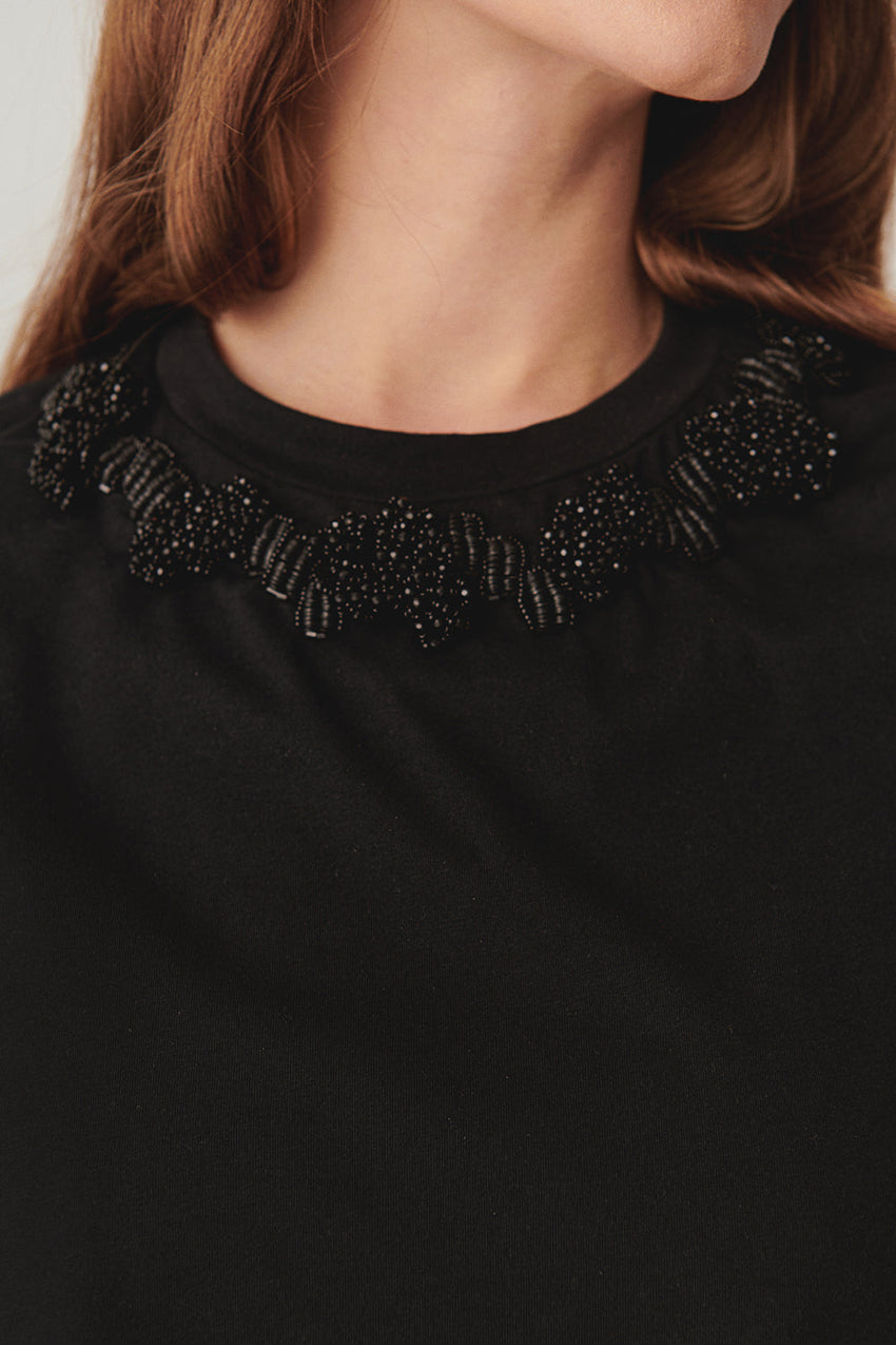 Black Regular Fit Cotton Knit T-Shirt with Embroidered Details