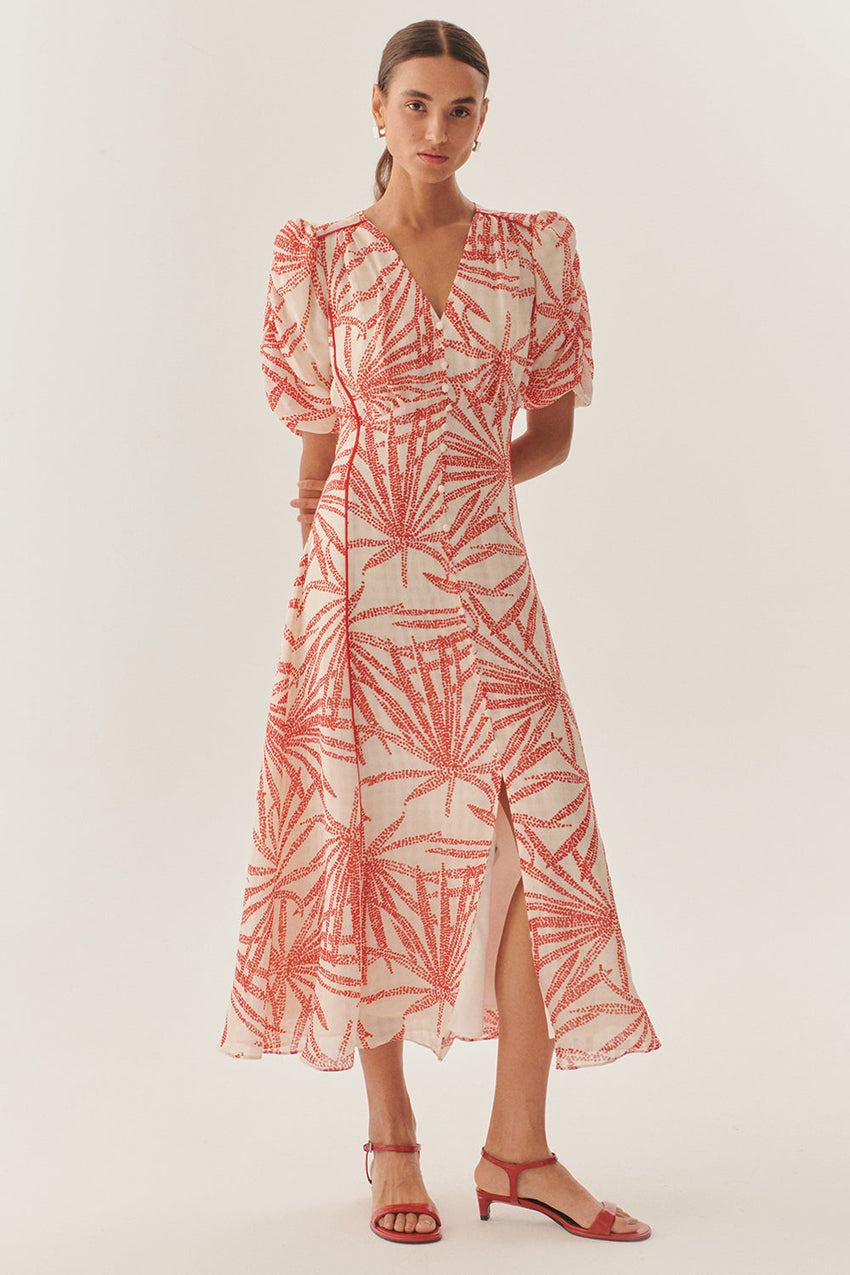 Regular Fit Patterned Rayon Chiffon Midi Dress with V-Neck, Balloon Sleeves, and Buttons