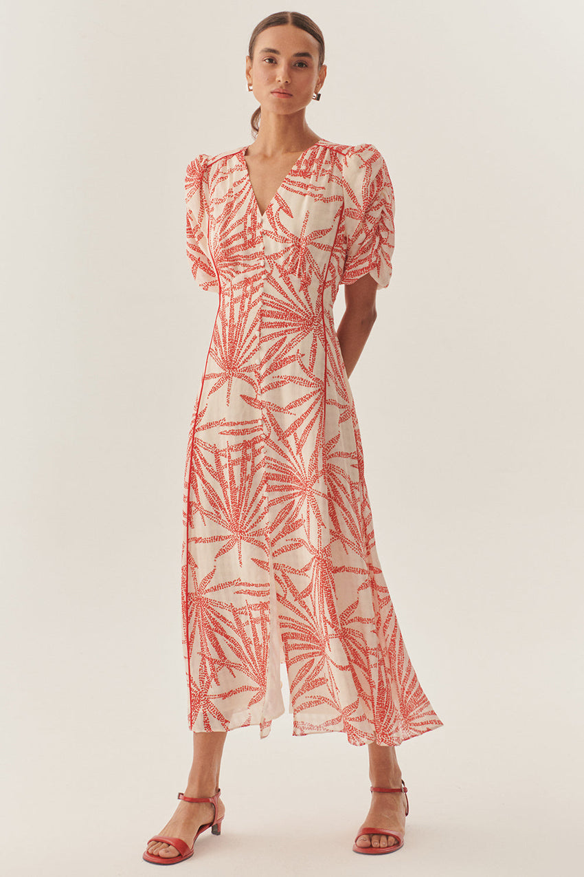 Regular Fit Patterned Rayon Chiffon Midi Dress with V-Neck, Balloon Sleeves, and Buttons