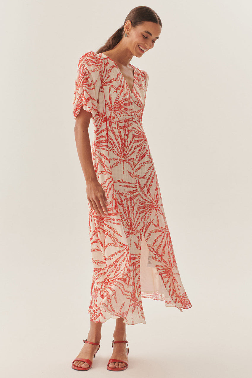 Regular Fit Patterned Rayon Chiffon Midi Dress with V-Neck, Balloon Sleeves, and Buttons