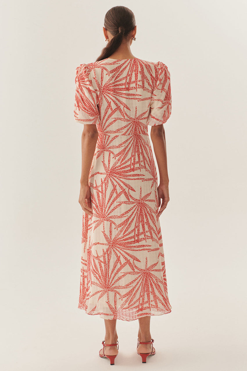 Regular Fit Patterned Rayon Chiffon Midi Dress with V-Neck, Balloon Sleeves, and Buttons