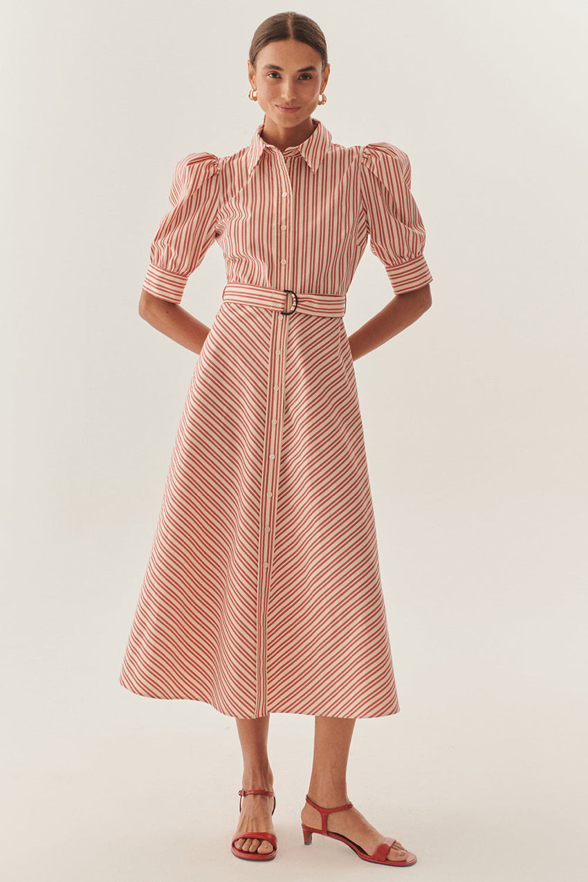 Red Striped Belted Balloon Sleeve A Line Regular Midi Shirt Dress
