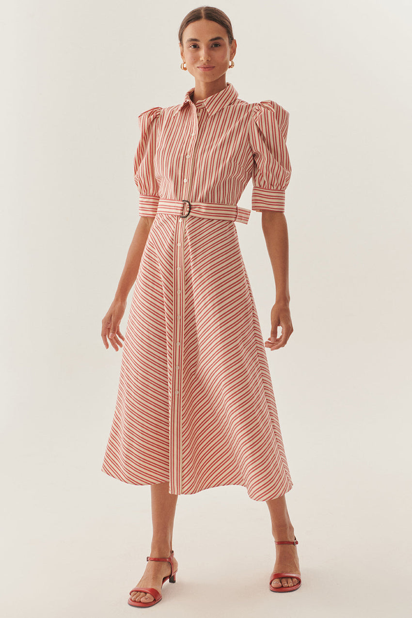 Red Striped Belted Balloon Sleeve A Line Regular Midi Shirt Dress