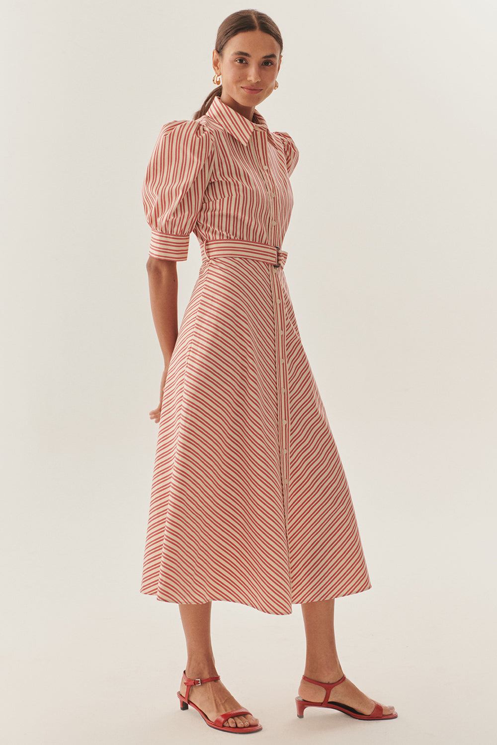 Red Striped Belted Balloon Sleeve A Line Regular Midi Shirt Dress