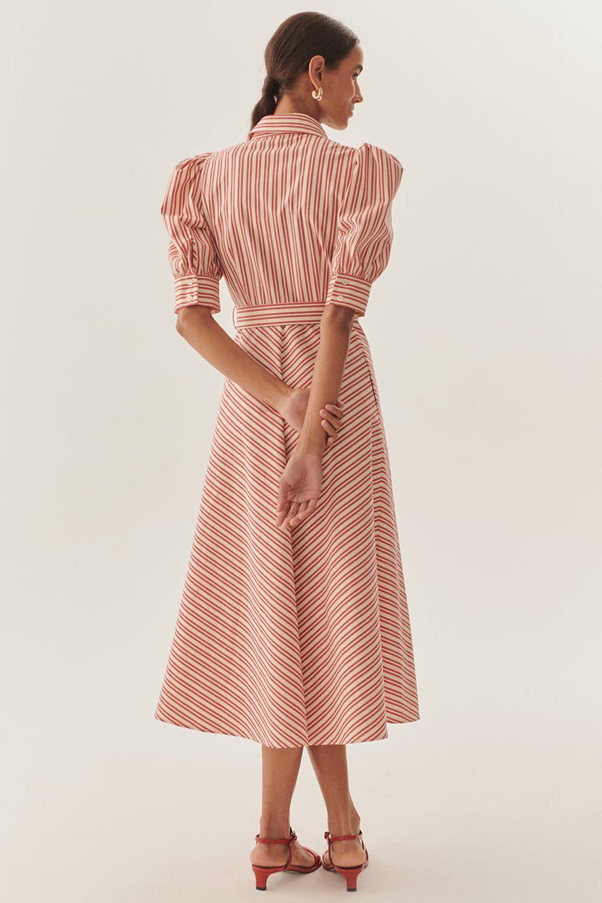 Red Striped Belted Balloon Sleeve A Line Regular Midi Shirt Dress