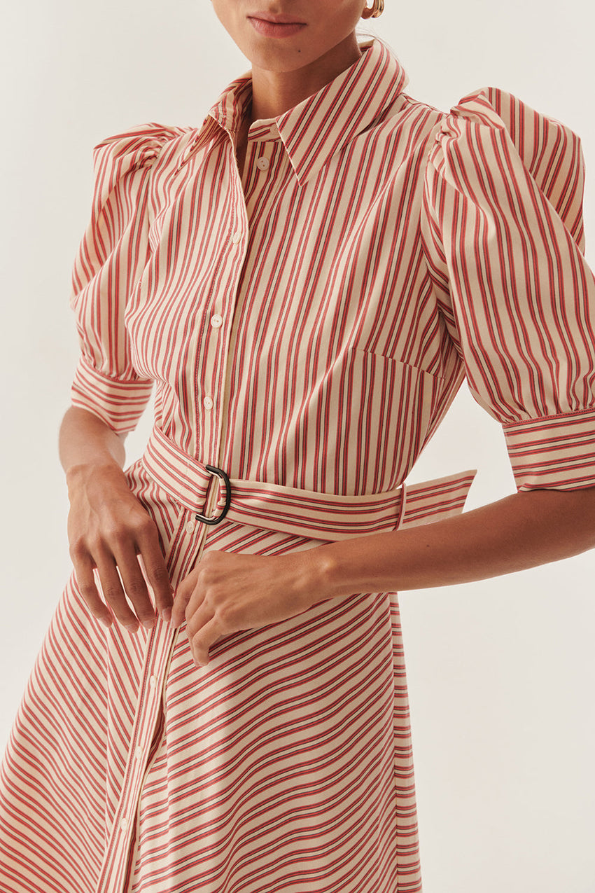 Red Striped Belted Balloon Sleeve A Line Regular Midi Shirt Dress