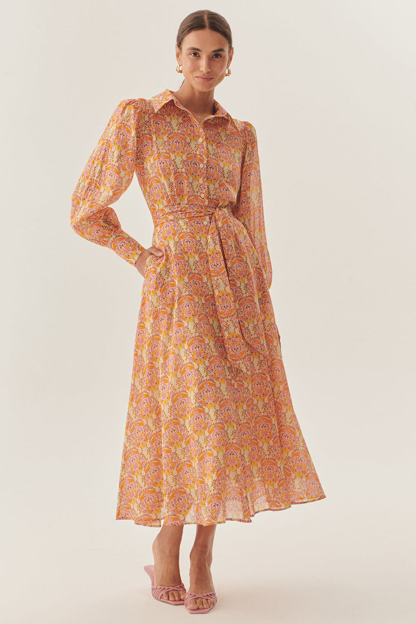 Floral Print Midi Dress with Shirt Collar, Long Sleeves, and Waist Tie Detail