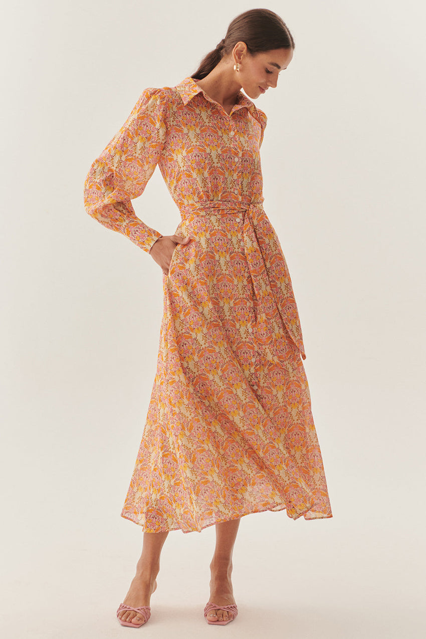 Floral Print Midi Dress with Shirt Collar, Long Sleeves, and Waist Tie Detail