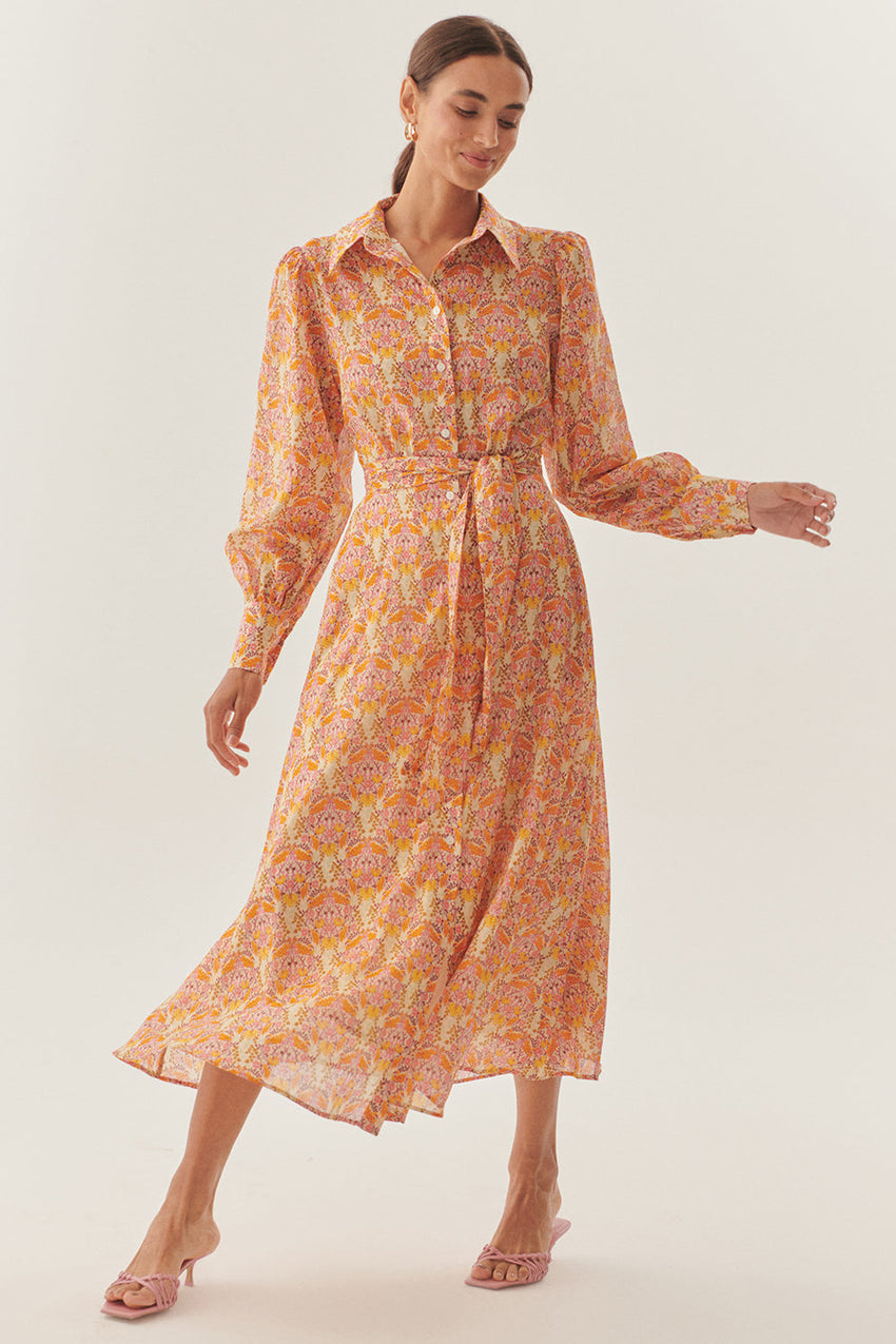 Floral Print Midi Dress with Shirt Collar, Long Sleeves, and Waist Tie Detail