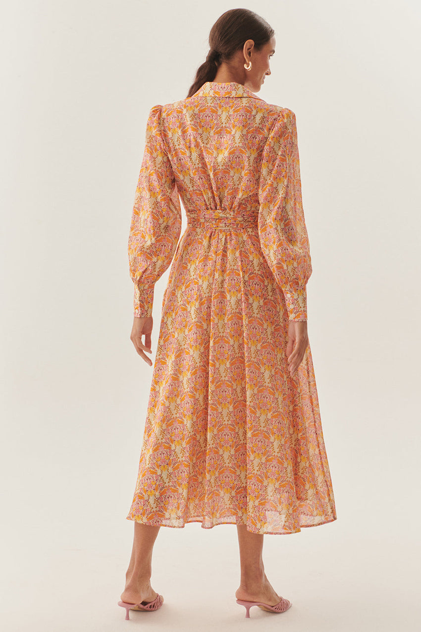Floral Print Midi Dress with Shirt Collar, Long Sleeves, and Waist Tie Detail