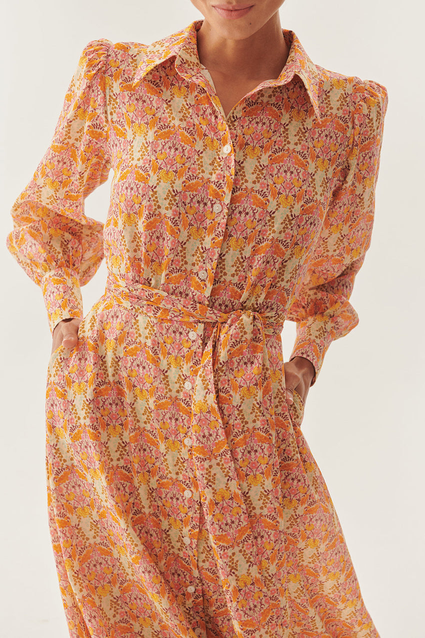 Floral Print Midi Dress with Shirt Collar, Long Sleeves, and Waist Tie Detail
