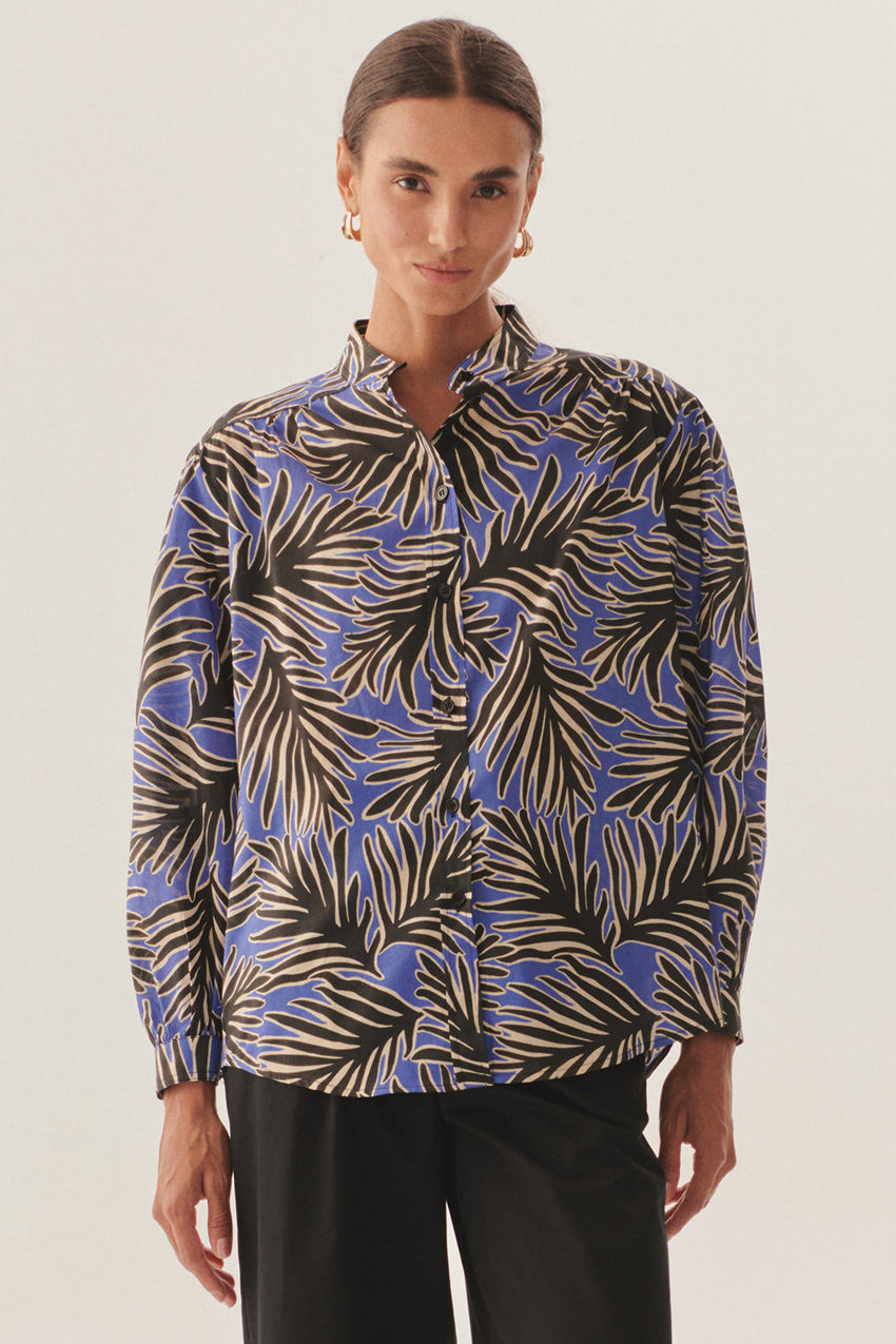 Stand Collar Long Sleeve Relaxed Fit Patterned Cotton Shirt