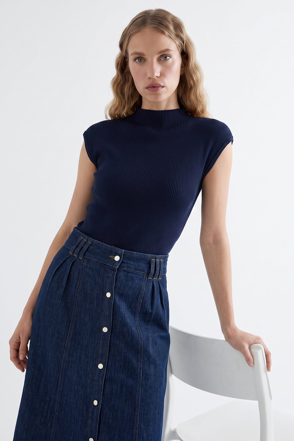 High-Waisted Belted Denim Midi Skirt - BLUE