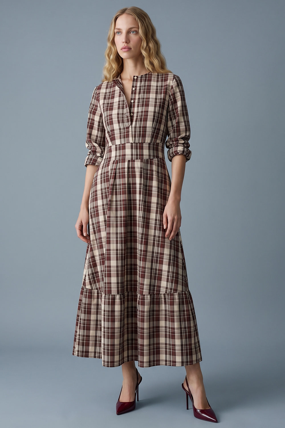 Round Neck Midi Dress with Belt and Pockets - MULTICOLOR