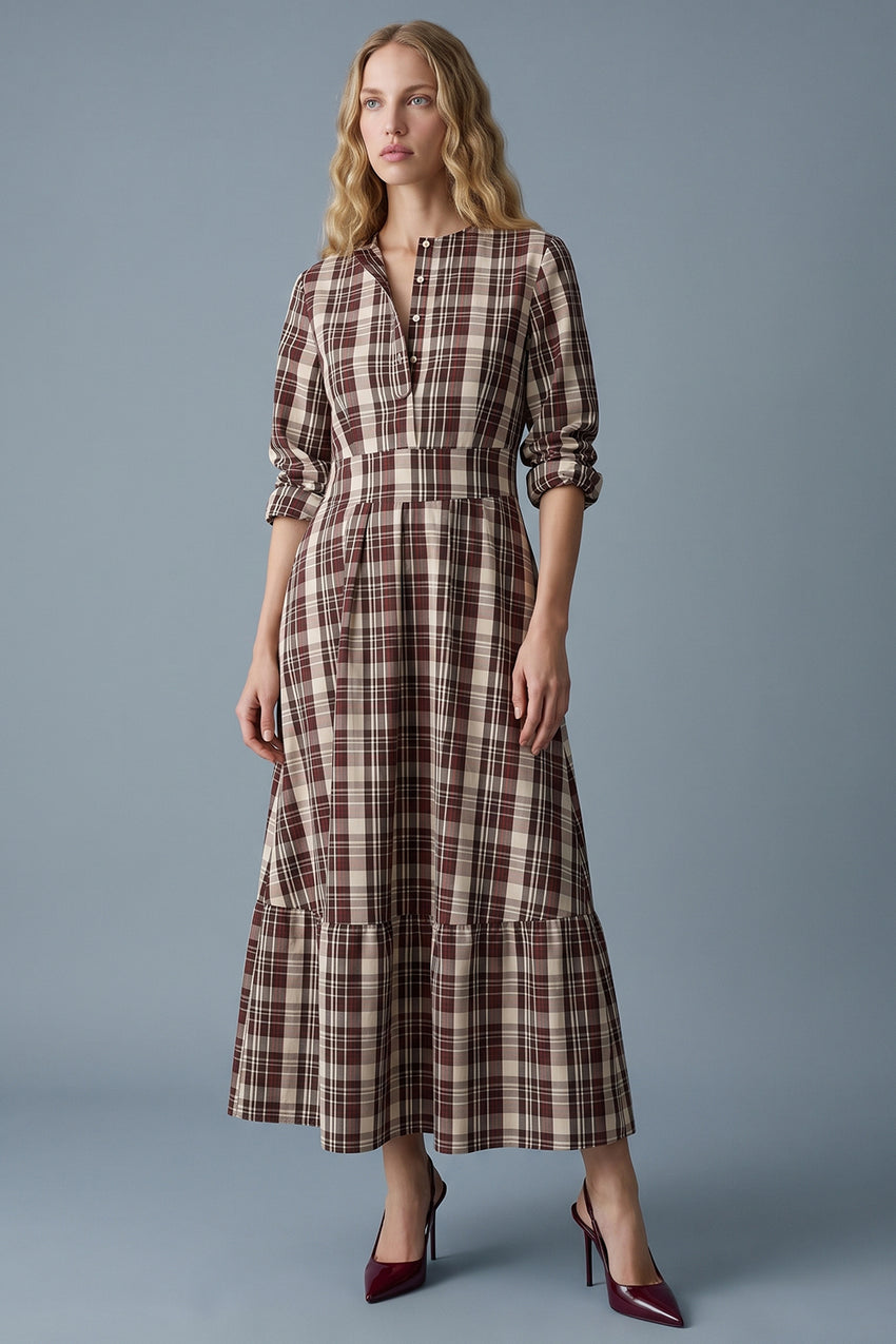 Round Neck Midi Dress with Belt and Pockets - MULTICOLOR