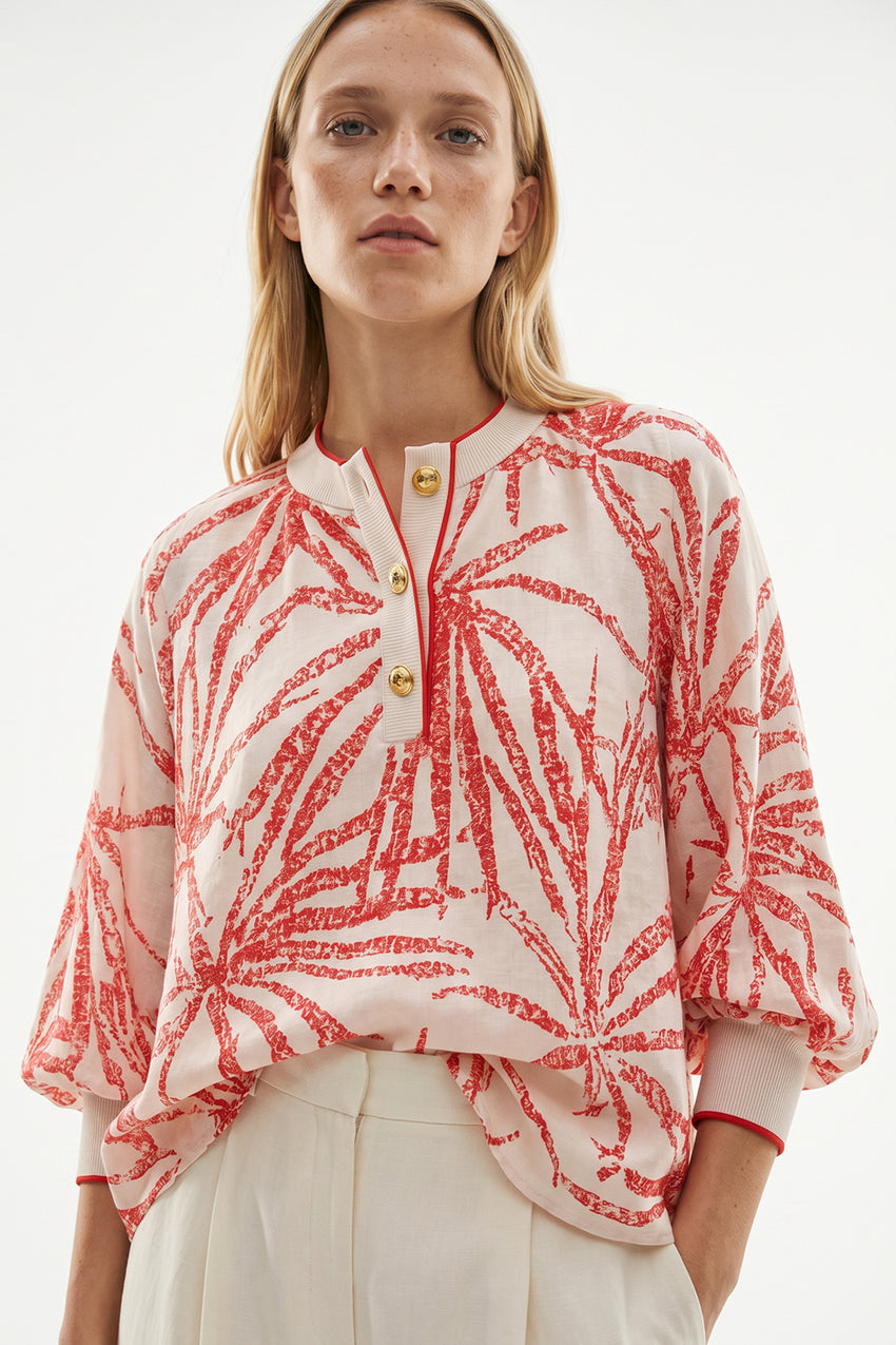 Mandarin Collar Button Detail Printed Blouse - BEIGE RED
