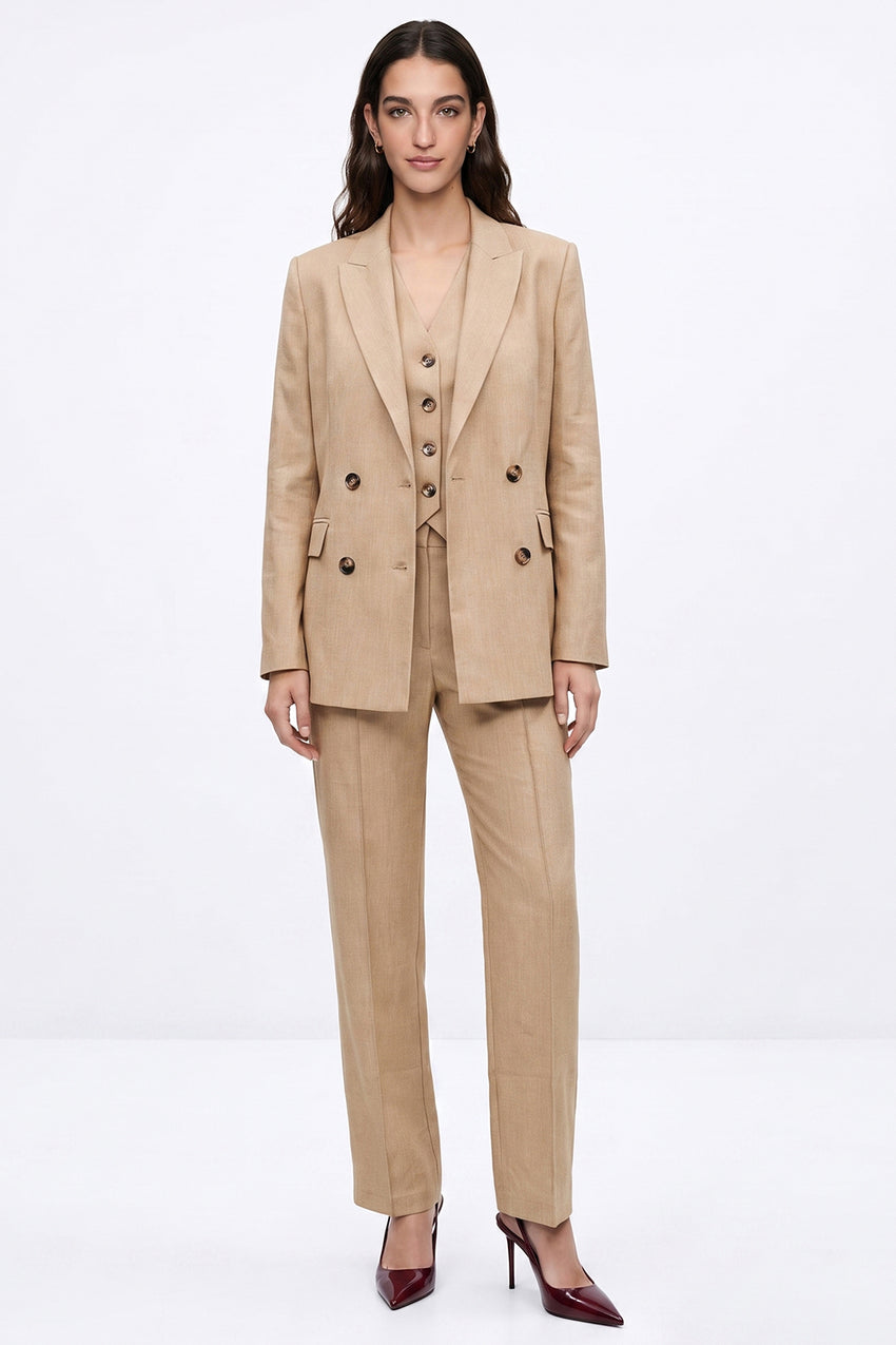 Linen Blend Shoulder-Padded Wrap Jacket - CAMEL