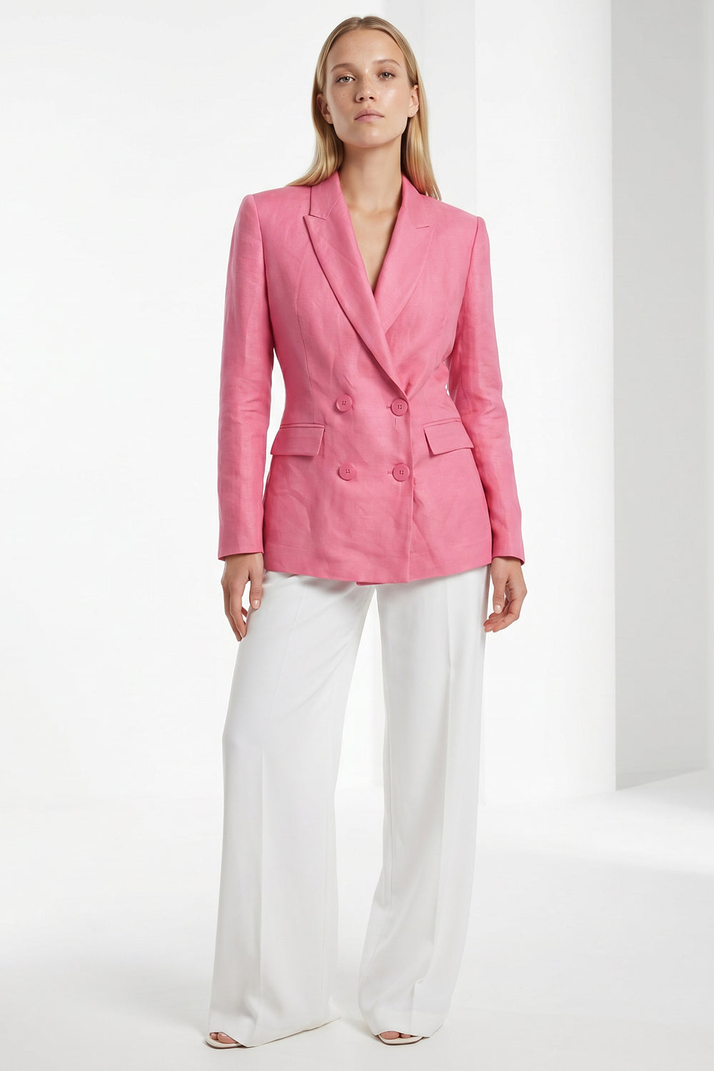 Double Breasted Linen Blazer Jacket - PINK