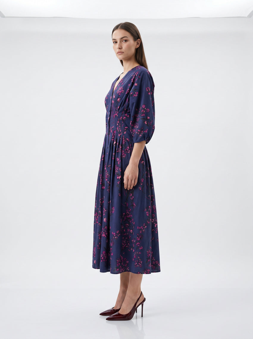 Raglan Sleeve V Neck Pleated Waist Midi Dress - MULTICOLOR