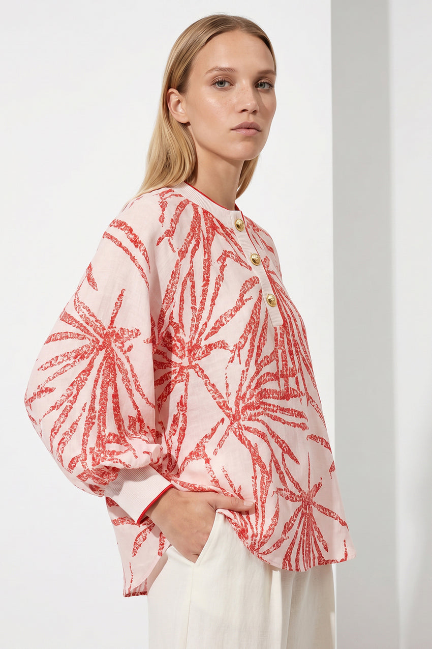Mandarin Collar Button Detail Printed Blouse - BEIGE RED