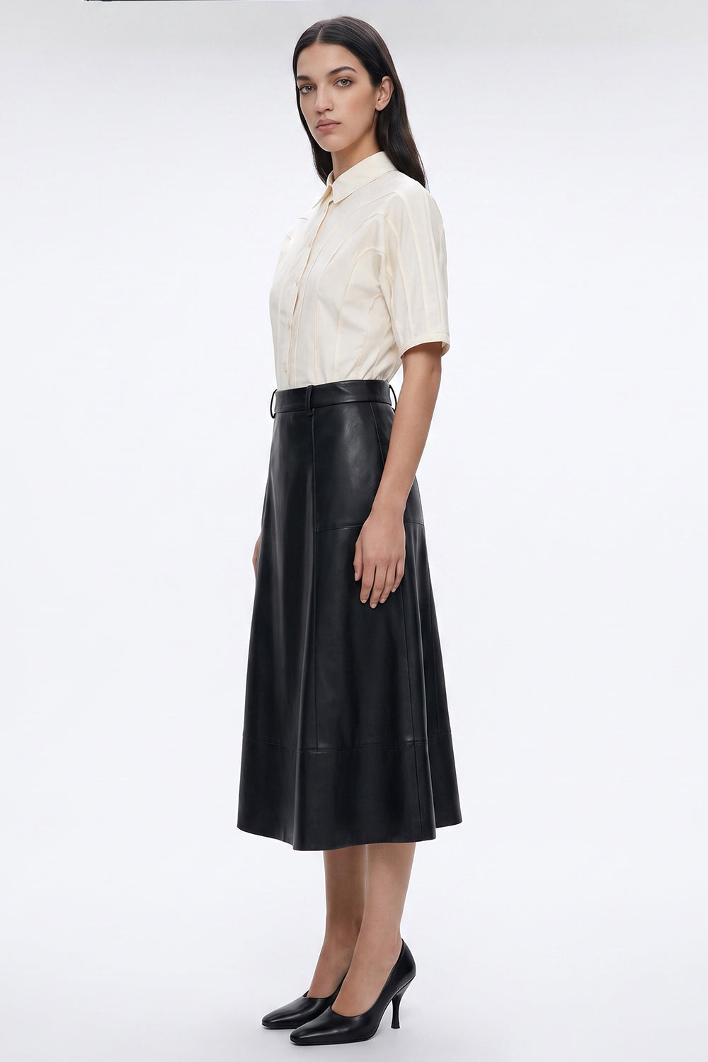 Faux Leather Midi Skirt with Pockets and Zipper - BLACK