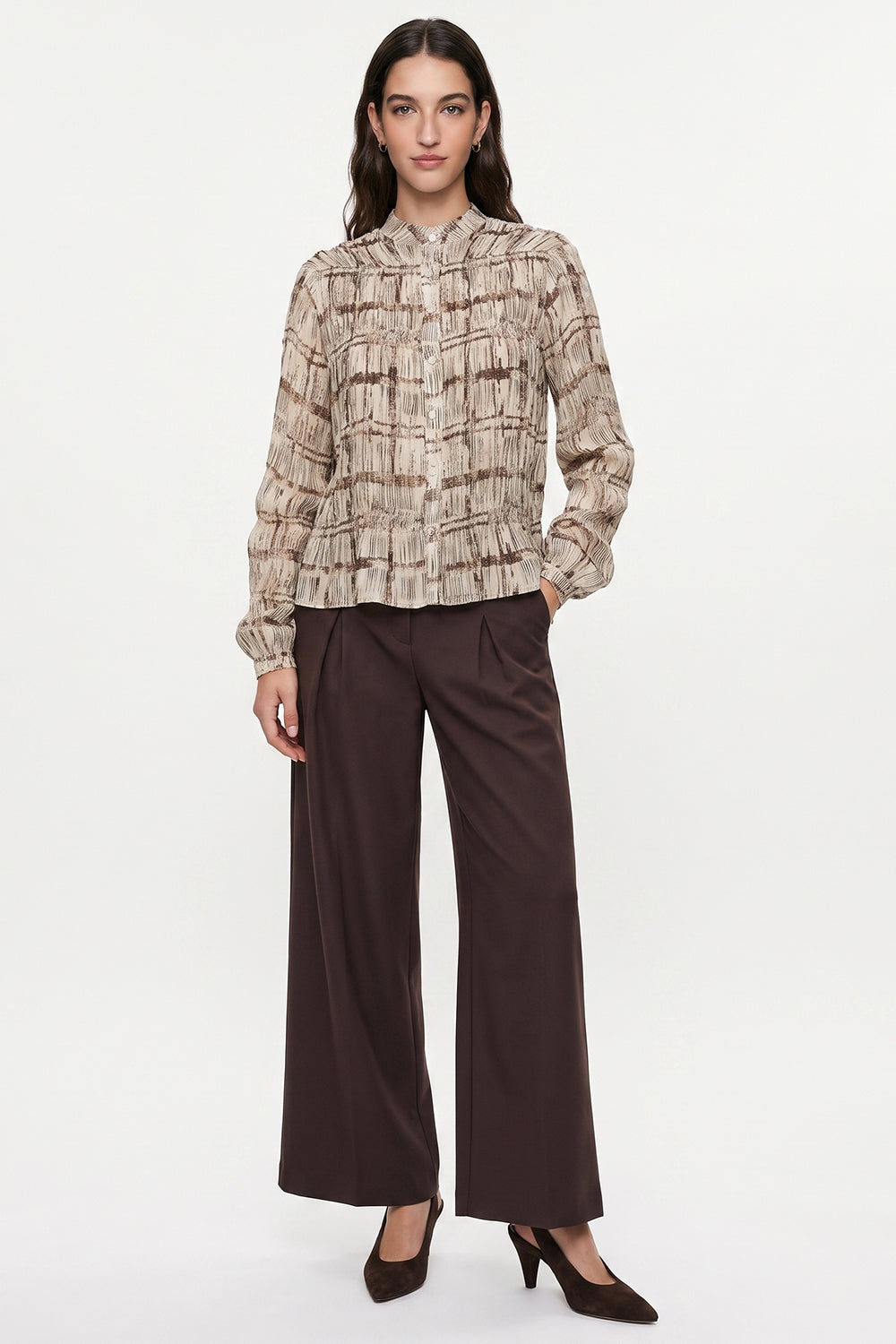 Ruched Stand Collar Lined Chiffon Shirt - ECRU BROWN