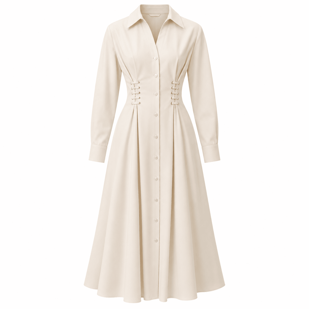 Kiersten Eyelet Detail Pocketed Shirt Collar Midi Dress - Cream