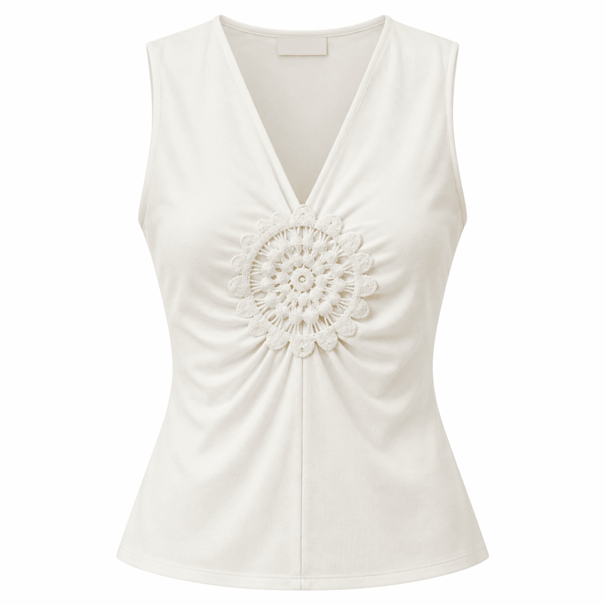 Carine V-Neck Sleeveless Lace Detail Knit Blouse - Ecru