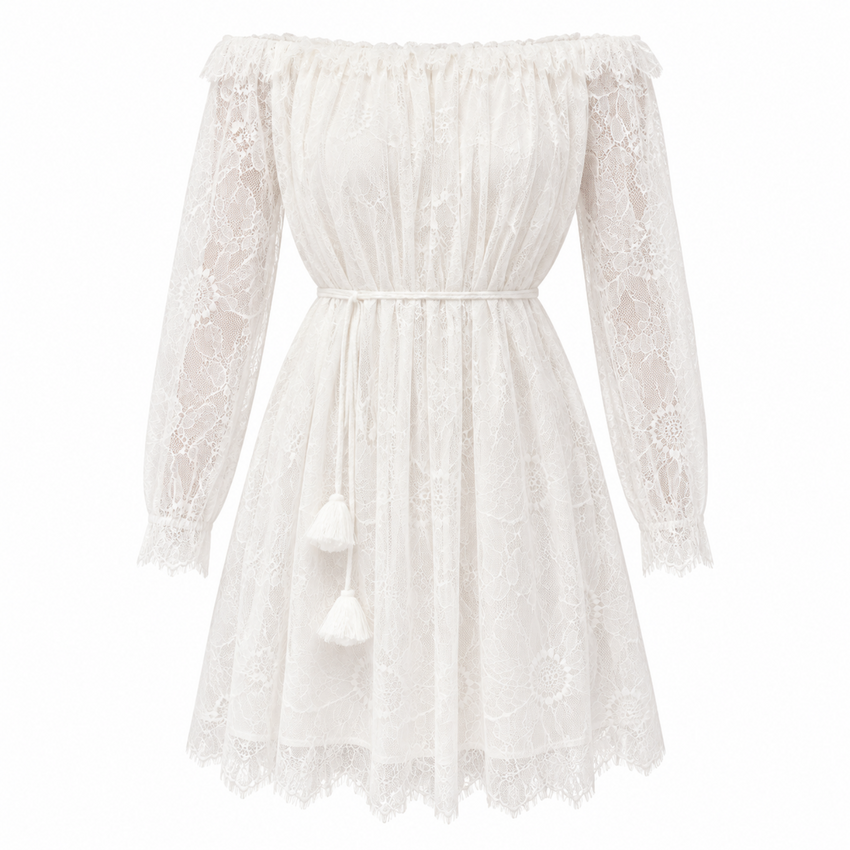 Cherita Off Shoulder Lace Sleeve Mini Knit Dress - Ecru