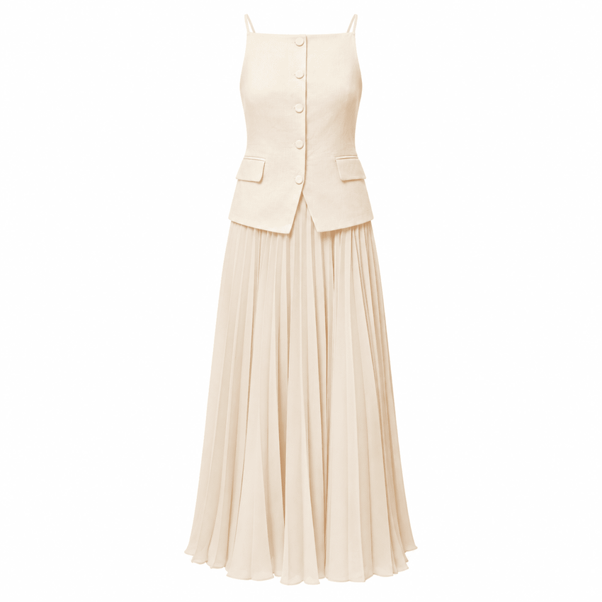 Angeletta Sleeveless Linen Trim Pleated Midi Dress -Beige