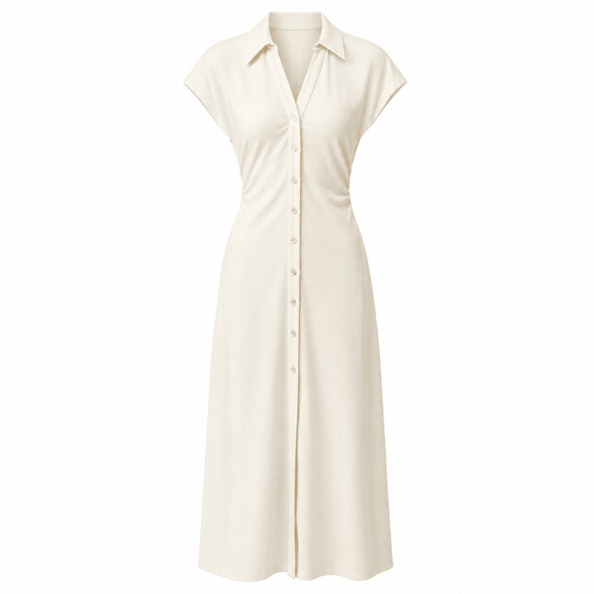 Ursula Collared Gathered Waist Knit Midi Dress -Bone