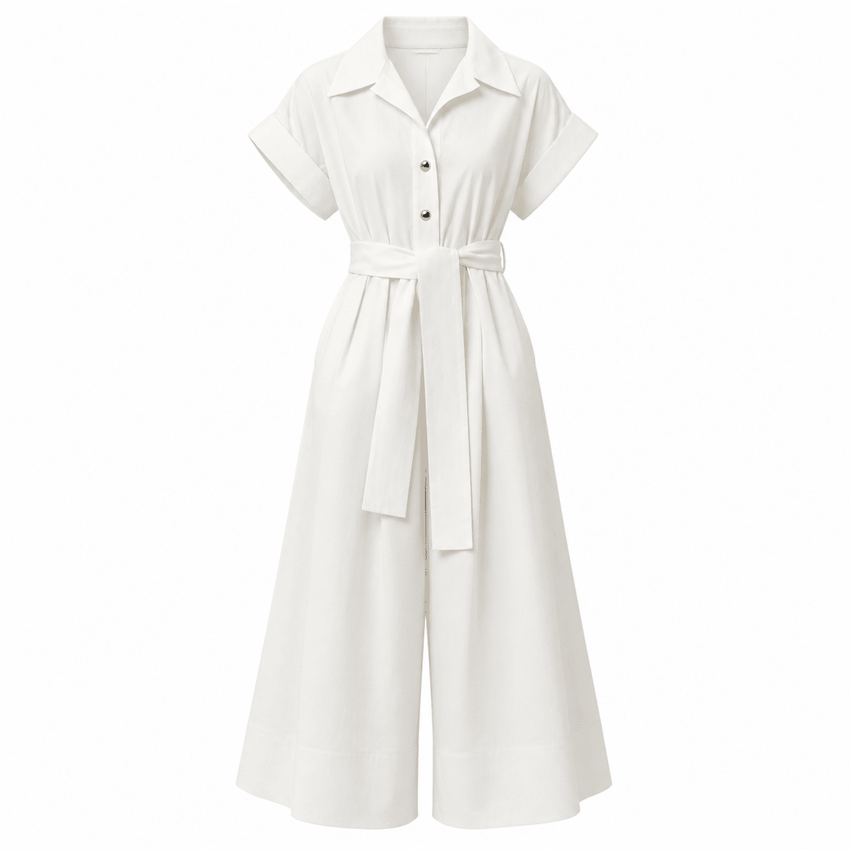 Leatrice Short Sleeve Belted Midi Jumpsuit - Bone