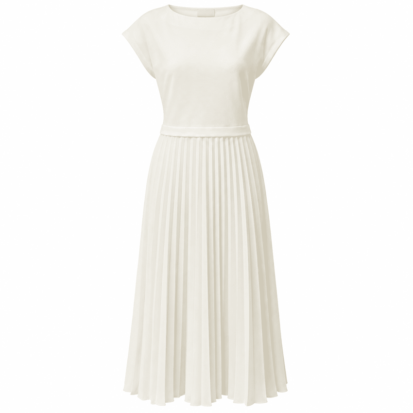 Aliane Crew Neck Sleeveless Pleated Midi Dress  - Ecru
