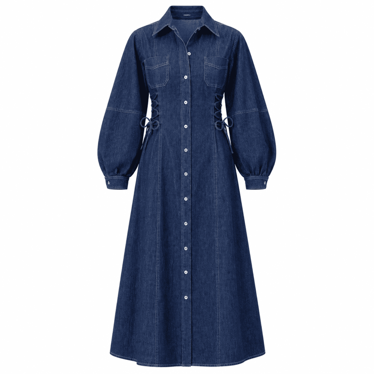 Arnaude Side Tie Long Sleeve Midi Dress - Blue