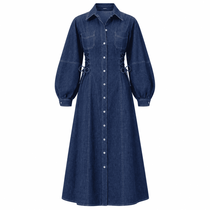 Arnaude Side Tie Long Sleeve Midi Dress - Blue